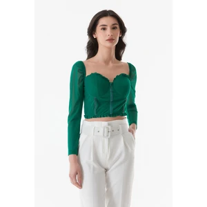 Tül Detaylı Kalp Yaka Crop Bluz