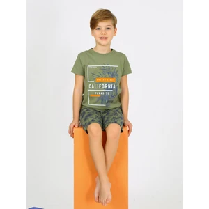 Erkek Çocuk Kısa Kollu Kapri %100 Pamuklu Golden Pijama Takımı Yeşil
