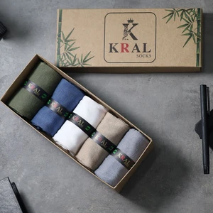 Kral Socks Bambu Erkek Çorap Klasik Soket Düz Uzun Yazlık Dikişsiz 5'Li Kutulu Premium Set