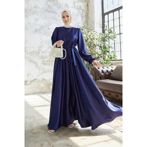 Liza Kuşaklı Saten Elbise - Indigo