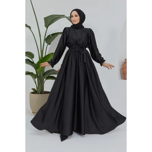 Liza Kuşaklı Saten Elbise - Siyah