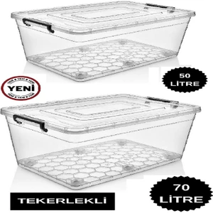 Tekerlekli Saklama Kabı 2 Li Set 50 Lt ve 70 Lt Büyük Boy Tekerlekli Saklama Kutusu Depolama Oyuncak