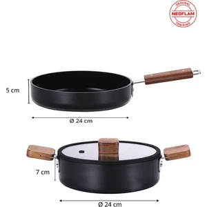 Bien Black Indüksiyonlu 24 cm Sığ Tencere 24 cm Tava Seti 3 Parça  Akasya Ağacı Saplı
