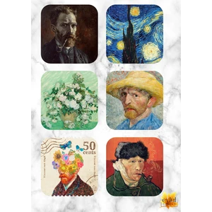 Eylül Design Vincent Van Gogh Temalı 6 Adet Özel Tasarım   Mdf Kare Bardak Altlığı