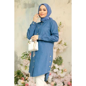 Neva Style Düğmeli Lacivert Tesettür Kot Tunik 10504L