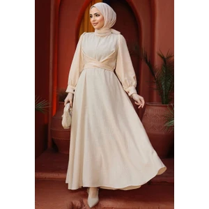 Neva Style Balon Kol Bej Tesettür Elbise 3034BEJ