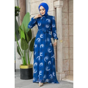 Neva Style Desenli Indigo Mavisi Tesettür Elbise 27945IM