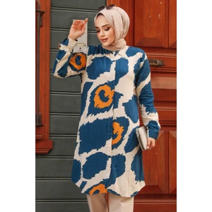 Neva Style Desenli Indigo Mavisi Tesettür Tunik 25025IM