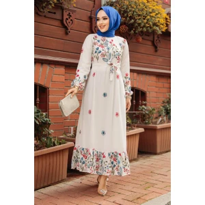 Neva Style Çiçek Desenli Beyaz Tesettür Elbise 23233B