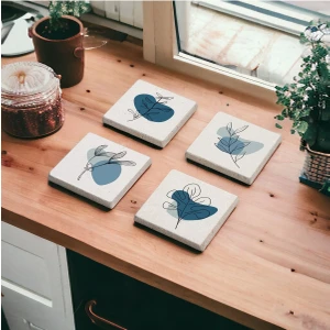 Baum Atelier Mavi Flower Bohem Desen Doğal Taş Traverten Bardak Altlığı 4 Lü Set