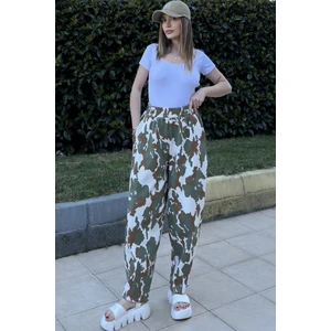 New Laviva Kadın Haki Beli Lastikli, Cepli, Desenli Gabardin Kumaş, Salaş Pantolon