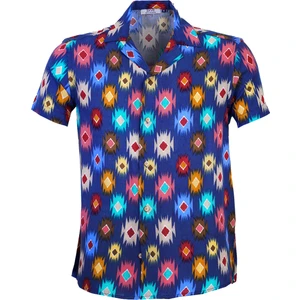 Exve Exclusive Mavi Etnik Desen Renkli Motif Oversize Rahat Kesim Kısa Kollu Salaş Gömlek