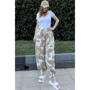 New Laviva Kadın Bej Beli Lastikli, Cepli, Desenli Gabardin Kumaş, Salaş Pantolon