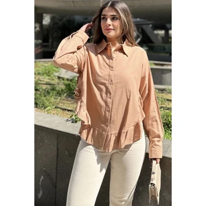 New Laviva Kadın Bej Eteği Fırfır ve Yırtmaç Detaylı, Terletmez Rahat Kumaş, Salaş Gömlek