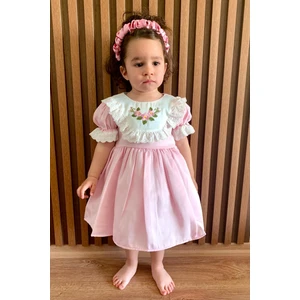 Mini Kiti Kız Çocuk Bebek Fistolu Çiçek Nakışlı Astarlı Vintage Şık Bayram Doğumgünü Özel Gün Pembe Elbise