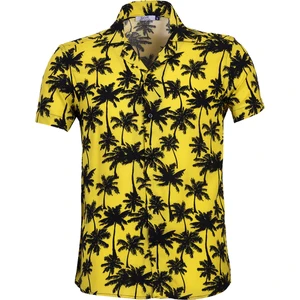 Exve Exclusive Sarı Üzerine Siyah Palmie Hawaii Desen Oversize Rahat Kesim Kısa Kollu Salaş Gömlek