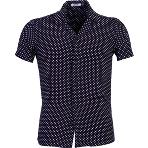 Exve Exclusive Lacivert Üzerine Beyaz Puantiye Baskılı Oversize Rahat Kesim Kısa Kollu Salaş Gömlek