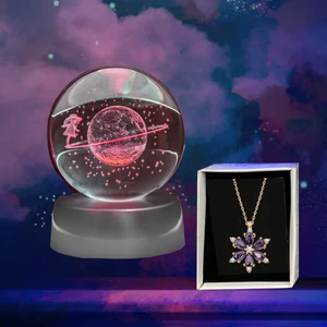 Renk Değiştiren LED Işıklı Cam Küre Dolunay Lamba Kristal Top Lotus Çiçeği Mor Kolye