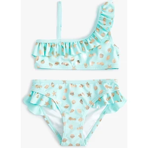 Bikini Takımı Parlak Baskılı Fırfırlı Tek Omuz Ince Askılı