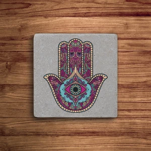 Baum Atelier Göz, Hamsa, Fatma Ananın Eli Temalı Doğal Taş Traverten Bardak Altlığı 4 Lü Set