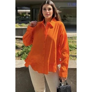 New Laviva Kadın Turuncu Eteği Fırfır ve Yırtmaç Detaylı, Terletmez Rahat Kumaş, Salaş Gömlek