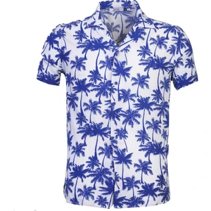 Exve Exclusive Beyaz Üzerine Mavi Hawaii Palmiye Dijital Baskı Oversize Rahat Kesim Kısa Kollu Salaş Gömlek