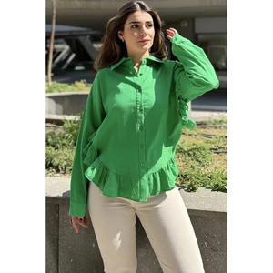 New Laviva Kadın Yeşil Eteği Fırfır ve Yırtmaç Detaylı, Terletmez Rahat Kumaş, Salaş Gömlek