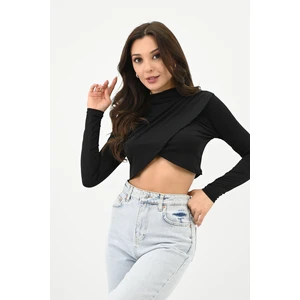 Kadın Dik Yaka Drapeli Kapaklı Crop Bluz 1655-24
