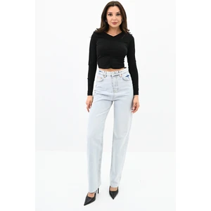Kadın Büzgülü Uzun Kollu Croptop Bluz 1654-24