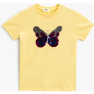 Kelebekli Tişört Pullu Payetli Bisiklet Yaka Pamuklu