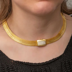 Stil Love Gümüş Gold Zirkon Taşlı Trabzon Hasır Kadın Kolye