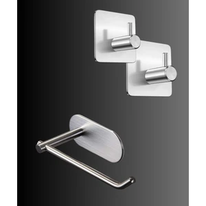 FH Design Home Paslanmaz Çelik Set Tuvalet Kağıtlığı - 2 Adet Havlu - Bornoz Askısı - Yapışkanlı Bant Sistem