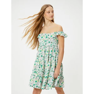 Çiçekli Madonna Yaka Elbise Midi Boy Katlı Rahat Kalıp