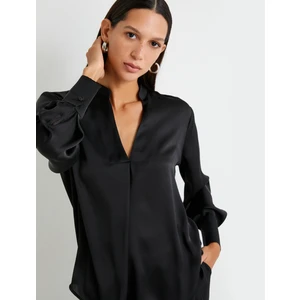 Saten Bluz V Yaka Uzun Kollu