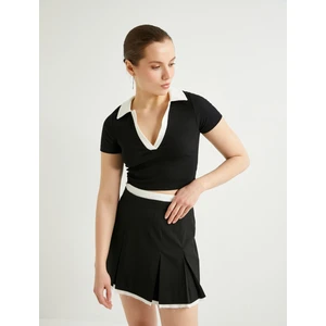 Polo Yaka Crop Tişört Renk Kontrastlı Kısa Kollu Slim Fit
