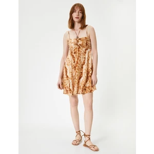 Mini Elbise Boyundan Bağlamalı Askılı Boncuklu Viskon Keten Karışımlı