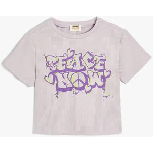 Crop Tişört Grafiti Baskılı Kısa Kollu Bisiklet Yaka Dokulu Pamuklu