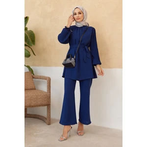 Kolları Piliseli Pantolon Tunik Takım - Indigo