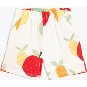 Şort Beli Bağlamalı Cepli Meyve Baskılı Pamuklu