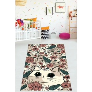 Çiçekler Arasındaki Kedi Yıkanabilir Kaymaz Taban Leke Tutmaz Çocuk Odası Halısı