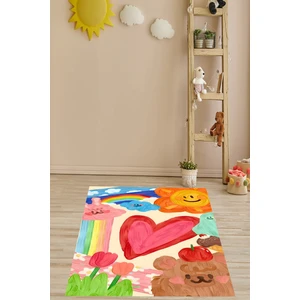Kalp Güneş Gökkuşağı Çiçek Lale Desenli Yıkanabilir Kaymaz Taban Leke Tutmaz Çocuk Odası Halısık