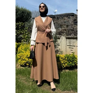 Rabia Şamlı Zarif Etek Yelek Takım Camel