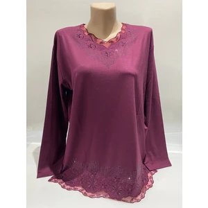 Rahat Kesim V Yaka Etek Ucu Tül Inci Işlemeli Mürdüm Anne Penye Bluz