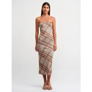 90183 Straplez Ekose Baskılı Triko Elbise-Haki