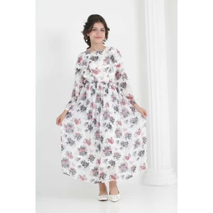 Kız Çocuk  Tam Boy Çiçekli Iç Göstermeyen Astarlı Uzun Şifon ELBISE-ELB-0039