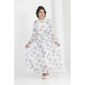 Kız Çocuk Astarlı Tam Boy Çiçek Desenli Iç Göstermeyen Kolye Detaylı Uzun Şifon ELBISE-ELB-0039