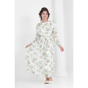 Kız Çocuk  Tam Boy Çiçekli Iç Göstermeyen Astarlı Uzun Şifon ELBISE-ELB-0039