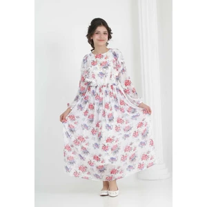 Kız Çocuk Astarlı Tam Boy Çiçek Desenli Iç Göstermeyen Kolye Detaylı Uzun Şifon ELBISE-ELB-0039