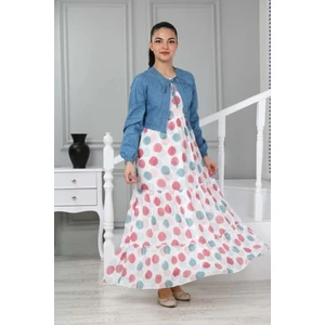 Kız Çocuk Kot Bolerolu Astarlı Puantiyeli Uzun ELBISE-ELB-0029