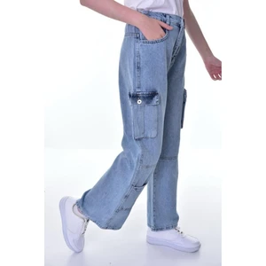 Çocuk Kargo Cep Yüksek Bel Wide Leg Kot Pantolon-Pnt-0038